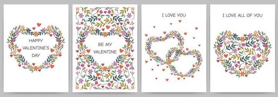 contento San Valentino giorno saluto carte. il 14 di febbraio. rettangolare modelli con fiori, cuori e testo. adatto per sociale media messaggi, mobile applicazioni, bandiera design e pubblicità. vettore