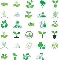vettore impostato di simboli di agricoltura. illustrazione di mani con semi e germoglio. crescita di impianti su presto stadi
