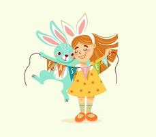 un' ragazza con un' decorazione su sua testa - con coniglietto orecchie, detiene un' coniglietto e terra con bandiere con il iscrizione - Pasqua. vettore