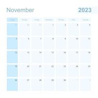 2023 novembre parete progettista nel blu colore, settimana inizia su domenica. vettore