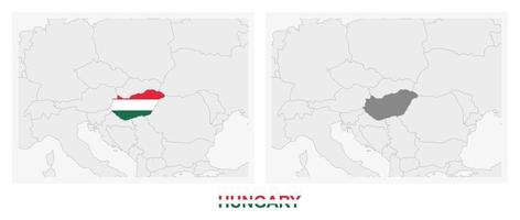 Due versioni di il carta geografica di Ungheria, con il bandiera di Ungheria e evidenziato nel buio grigio. vettore