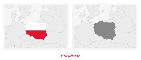 Due versioni di il carta geografica di Polonia, con il bandiera di Polonia e evidenziato nel buio grigio. vettore