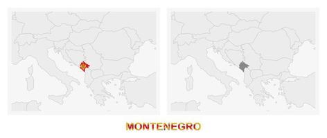 Due versioni di il carta geografica di montenegro, con il bandiera di montenegro e evidenziato nel buio grigio. vettore