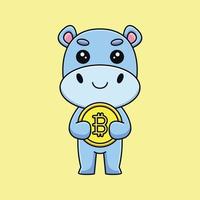 carino ippopotamo Tenere bitcoin cartone animato portafortuna scarabocchio arte mano disegnato schema concetto vettore kawaii icona illustrazione