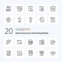 20 dati economia e pubblicità media linea icona imballare piace telefono fax marketing valutazione grafico vettore