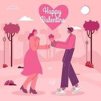 San Valentino giorno saluto carta. ragazzo dando un' ragazza mazzo di fiori. moderno piatto stile vettore illustrazione