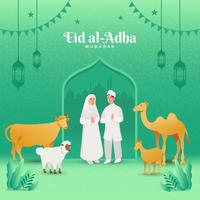 eid al adha saluto carta. coppia con sacrificio animale festeggiare eid al adha con moschea come sfondo vettore
