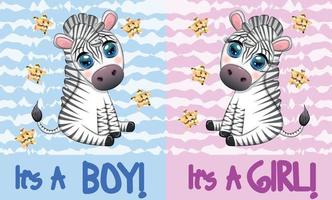carta è un' ragazzo, è un' ragazza con un' carino cartone animato zebra seduta. figli di vacanza di il neonato, bambino doccia vettore