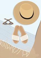 digitale illustrazione di estate Accessori per un' spiaggia cappello, occhiali, infradito, asciugamano plaid su il sabbia vettore