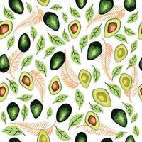 avocado senza soluzione di continuità modello. totale e affettato avocado con le foglie e fiori. vettore