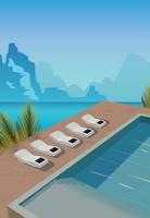 digitale illustrazione di un' tropicale paesaggio vacanza villa Hotel prospiciente il oceano montagne e piscina con sole lettini sole lettini circondato di palma albero vettore