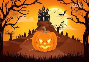 contento Halloween sfondo con pauroso zucche con spaventoso castello, volante pipistrelli e pieno Luna. adatto per Halloween carta, volantino, bandiera e manifesto vettore