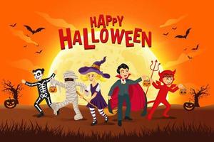 contento Halloween sfondo. bambini vestito nel Halloween costume per partire trucco o trattamento nel il chiaro di luna vettore