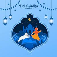 eid al-Adha saluto carta concetto illustrazione nel carta tagliare stile con musulmano ragazza portare pecora per sacrificio vettore