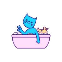 carino gatto freddo su nel vasca da bagno illustrazione, con moderno pop stile e vecchio stile anni 90 cartone animato disegni. opera d'arte per etichetta, patchwork. vettore