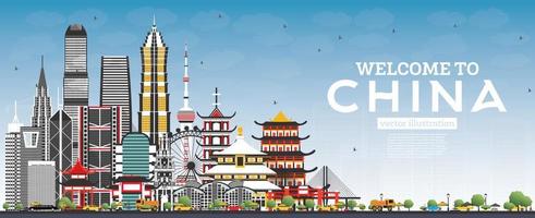 benvenuto per Cina orizzonte con grigio edifici e blu cielo. famoso punti di riferimento nel Cina. vettore