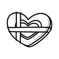 mano disegnato icona di regalo scatola nel cuore forma con fiocchi nel scarabocchio stile. vettore