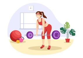 sollevamento pesi sport illustrazione con atleta ascensori un' pesante bilanciere, Palestra attrezzatura e bodybuilder formazione nel piatto cartone animato mano disegnato modelli vettore