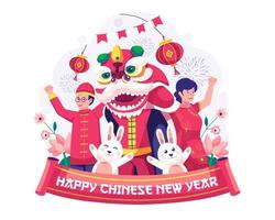 contento Cinese lunare nuovo anno con asiatico persone celebrare il nuovo anno con un' Leone danza, carino conigli, sospeso lanterne, e decorazioni. vettore illustrazione