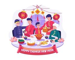 contento asiatico famiglia raccolta è avendo un' riunione cena e godendo gustoso tradizionale piatti su Cinese nuovo anni vigilia. vettore illustrazione