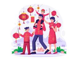 il asiatico famiglia nel tradizionale vestito celebra il Cinese nuovo anno. il genitore e il suo bambini assunzione un' camminare. papà detiene il figlio su il suo le spalle. vettore illustrazione