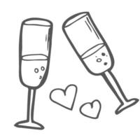 un paio di bicchieri di champagne disegnati a mano per compleanno, capodanno, natale, matrimonio, fidanzamento. doodle, illustrazione vettoriale isolato su sfondo bianco. cartolina, imballaggio, icona, invito a una festa