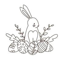 Pasqua coniglietto, uova e ramoscelli scarabocchio schema monocromatico vettore illustrazione per colorazione pagine o Pasqua carte design.