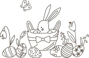 Pasqua coniglietto nel un' cestino, uova e fiori schema scarabocchio nero e bianca vettore illustrazione per colorazione pagine o Pasqua carte design.
