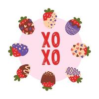 dolce fragola cioccolato per san valentino giorno vettore. cartolina per San Valentino giorno con un iscrizione xo xo. cartone animato mano disegnato illustrazione vettore