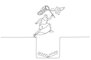 illustrazione di musulmano attività commerciale donna provare per catturare volante dollaro saltare al di sopra di buco di trappola. continuo linea arte vettore