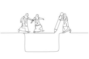 disegno di musulmano donna manager disegnare ponte Aiuto squadra attraversare scogliera concetto di comando. uno linea stile arte vettore