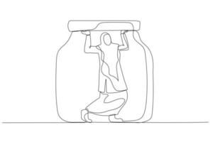 illustrazione di musulmano attività commerciale donna intrappolati nel un' vaso concetto di attività commerciale limitazione. singolo continuo linea arte stile vettore