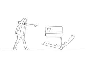disegno di attività commerciale donna camminare in credito carta trappola mostrando Pericolo di debito. uno linea arte stile vettore