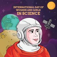 femmina astronout internazionale giorno di donne e ragazze nel scienza design concetto vettore