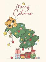carino divertente cattivo oragne Zenzero gattino gatto sospeso su Natale decorato pino albero, allegro gatti, cartone animato animale personaggio mano disegno scarabocchio vettore idea per saluto carta