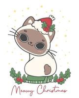 carino sorridente siamese bobtail gattino gatto Natale indossare Santa cappello sedersi su verde regalo scatola, miagolante Natale, adorabile gioioso cartone animato animale mano disegno vettore