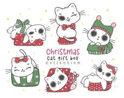 carino bianca cattivo gattino gatto Natale nel regalo presente scatola collezione, miagolante Natale, adorabile gioioso cartone animato animale mano disegno vettore