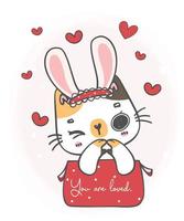 carino bello Sorridi coniglietto orecchie bianca gattino gatto ragazza nel rosso regalo scatola con mini cuore zampa gesto, voi siamo amato, animale cartone animato scarabocchio mano disegno vettore