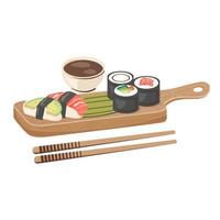 giapponese nigiri Sushi sashimi, Sushi rotoli, salsa su di legno tavola. asiatico piatto. tradizionale cibo avvicinamento con bacchette. vettore piatto illustrazione per menù, manifesto, volantino, striscione, cucinando concetto
