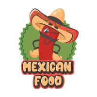 cartone animato comico personaggio peperoncino Pepe con sombrero. messicano cibo testo. scarabocchio disegnato vettore illustrazione per piatti, menù, manifesto, volantino, striscione, consegna, cucinando concetto