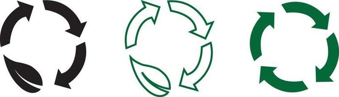 biodegradabile riciclabile icone, foglia e freccia vettore eco e bio etichetta. biologico riciclabile, plastica gratuito e eco amichevole degradabile pacchetto francobollo