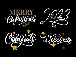 allegro Natale impostato 2023 contento nuovo anno, tipografia lettering distintivo emblemi citazioni impostato collezione. vettore logo design per cartolina, invito, saluto carta, manifesto, regalo.