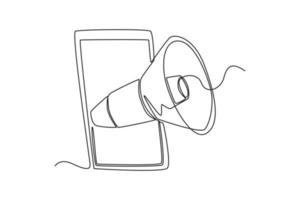 continuo uno linea disegno megafono In arrivo su di Telefono schermo. marketing concetto. singolo linea disegnare design vettore grafico illustrazione.