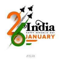 26 gennaio India repubblica giorno con India bandiera nastro, Jet combattente aereo, ruota vettore illustrazione
