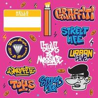 un' impostato di colorato o vivace graffiti arte adesivi. strada arte tema, urbano stile per maglietta disegno, graffiti design per sfondo, parete arte o Stampa arte disegni. vettore