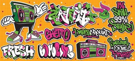 un' impostato di colorato o vivace graffiti arte adesivi. strada arte tema, urbano stile per maglietta disegno, graffiti design per sfondo, parete arte o Stampa arte disegni. vettore