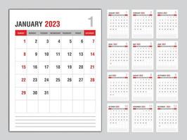mensile calendario modello per 2023 anno, settimana inizia su domenica, progettista 2023 anno, parete calendario nel un' minimalista stile, scrivania calendario 2023 modello verticale disposizione, attività commerciale modello vettore