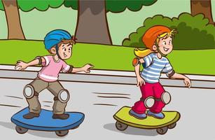 carino poco bambini siamo equitazione skateboard cartone animato vettore illustrazione