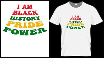 io am nero storia orgoglio energia t camicia. nero storia mese vettore illustrazione grafico. verde, rosso, giallo sfondo con testo. celebrare americano e africano persone cultura.