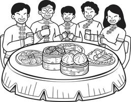 mano disegnato Cinese famiglia con Cinese cibo tavolo illustrazione vettore